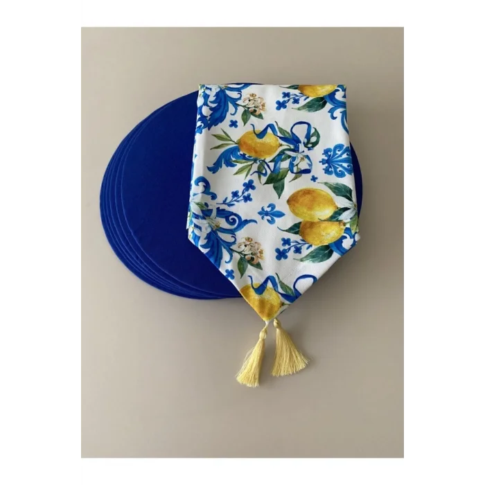 Genel Ürün Amerikan&servis Limon Desenli Runner Ve 6lı Mavi Supla Seti Tasarim