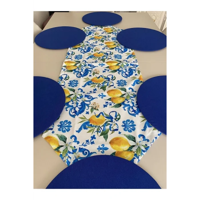 Genel Ürün Amerikan&servis Limon Desenli Runner Ve 6lı Mavi Supla Seti Tasarim
