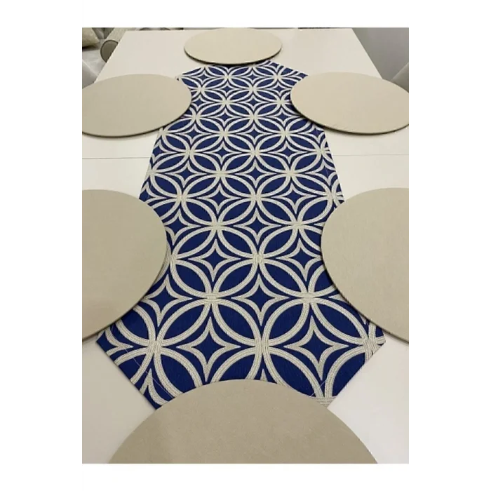 Genel Ürün Amerıkan Servis Runner Halka Desenli Lacivert Runner Ve 6lı Supla Seti