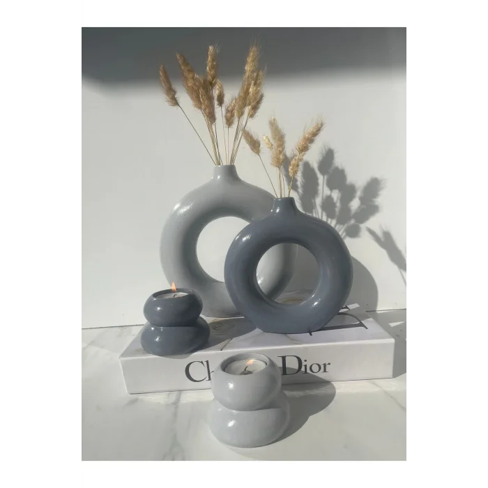 Genel Ürün Ela- 2’li Halka Vazo, Mumluklu Set Koyu Gri Açık Gri