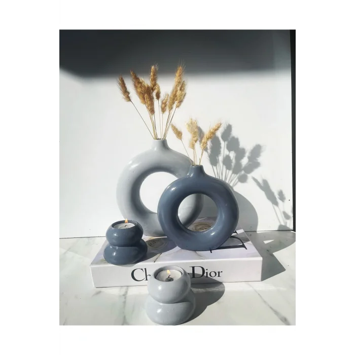 Genel Ürün Ela- 2’li Halka Vazo, Mumluklu Set Koyu Gri Açık Gri