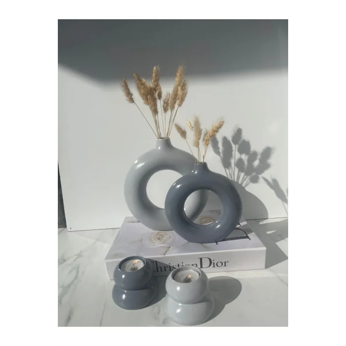 Genel Ürün Ela- 2’li Halka Vazo, Mumluklu Set Koyu Gri Açık Gri