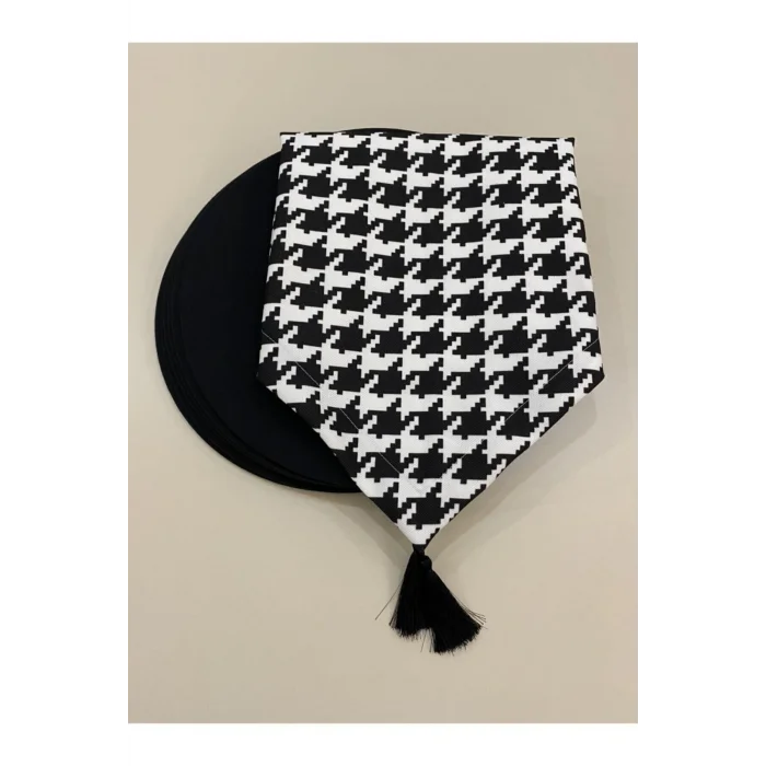 Genel Ürün Siyah Kazayağı Desenli Runner Ve 6lı Supla Seti