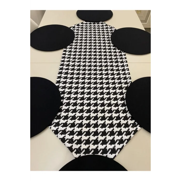 Genel Ürün Siyah Kazayağı Desenli Runner Ve 6lı Supla Seti