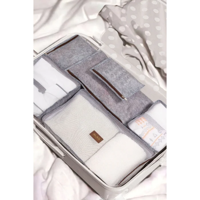 Genel Ürün Deri Kulplu Keçe 6 Parça Bavul Içi Organizer Seti, Lüks Bavul Organizer, Gri Renk