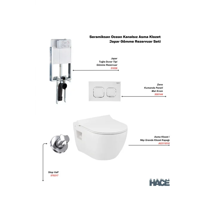 Genel Ürün Ocean Kanalsız Asma Klozet , Japar Gömme Rezervuar Set
