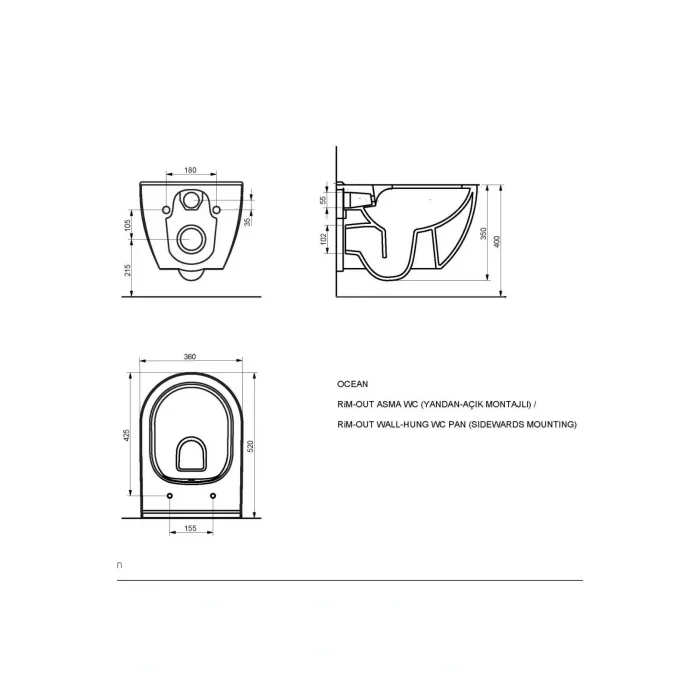 Genel Ürün Ocean Kanalsız Asma Klozet , Japar Gömme Rezervuar Set