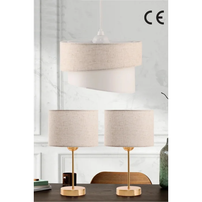Genel Ürün Kumaş Pasta Modern Tekli Ve İkili Gold Abajur Seti