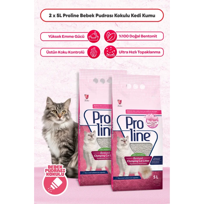 Genel Ürün Proline Bebek Pudralı Bentonit Topaklanan Kedi Kumu 5 Lt X 2 Adet