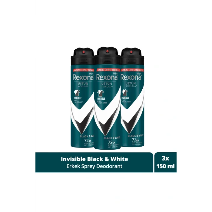 Kol Saati Men Erkek Sprey Deodorant Invisible Black & White 72 Saat Kesintisiz Üstün Koruma 150 ml X3