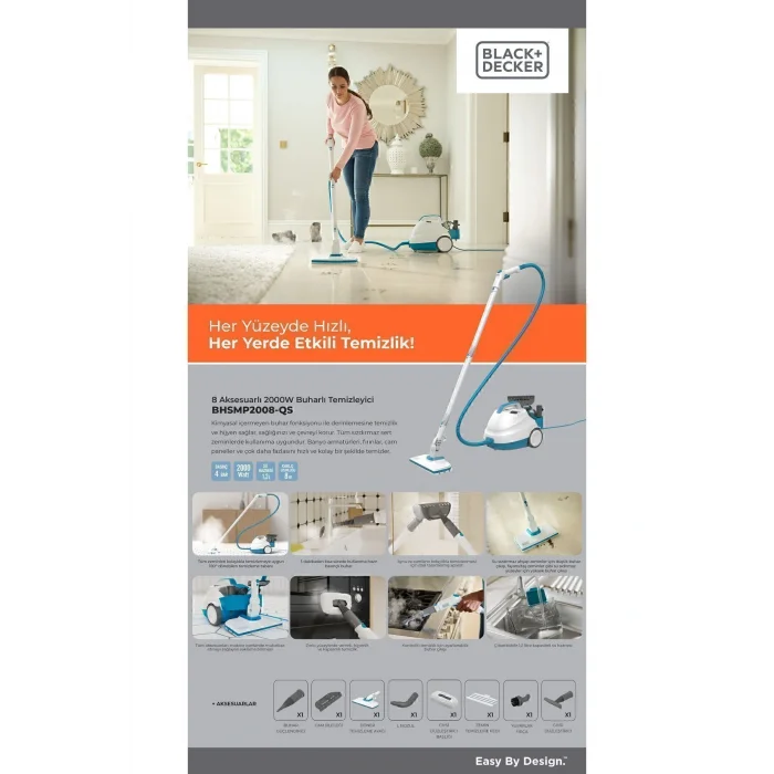 Genel Ürün BHSMP2008-QS 2000W Basınçlı Buharlı Temizleyici – 8 Aksesuarlı, Çok Amaçlı Temizlik