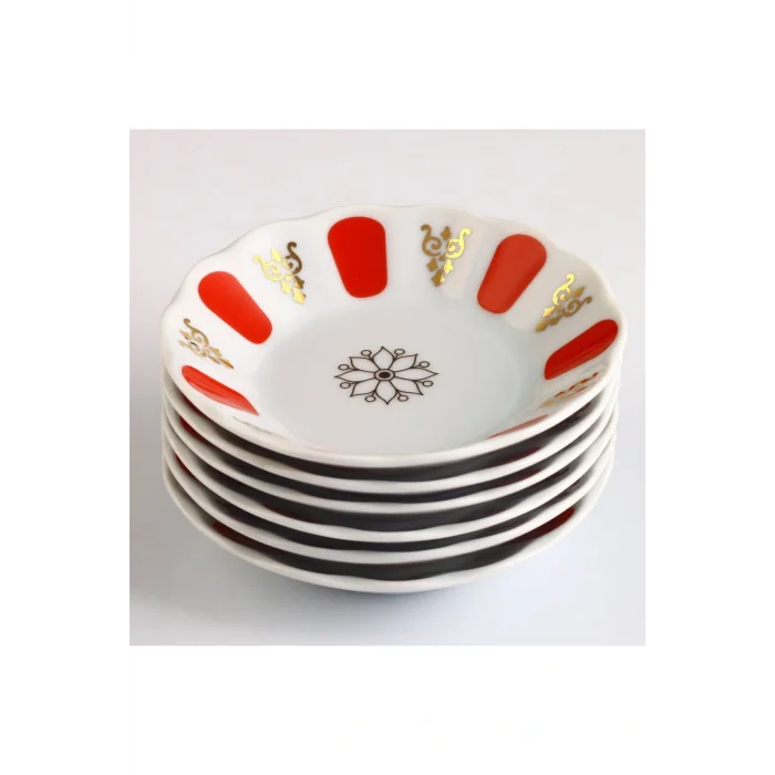 Genel Ürün 6 Kişilik Porselen Kahveci Çay Tabağı - Kırmızı Gold