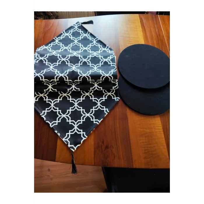 Genel Ürün Siyah Klasik Desenli Runner Ve 2li Supla Seti