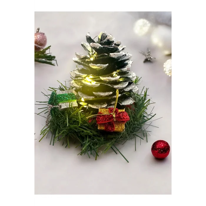 Genel Ürün Yılbaşı Masa Dekorasyonu Masa Süsü Renkli Kozalak ışık süslü kozalak 10x10 cm