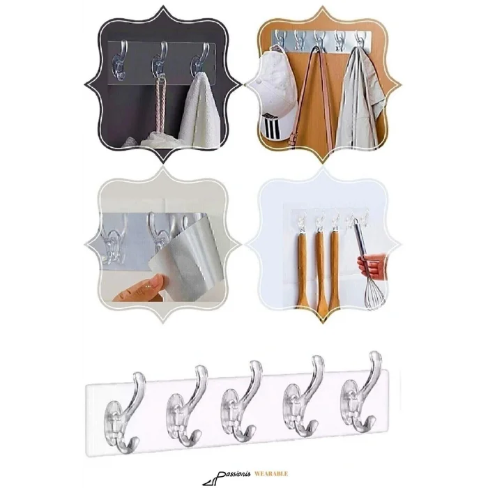 Genel Ürün 1 Adet Kendinden Yapışkanlı Güçlü Şeffaf 5li Askılık - Kapı Arkası Mutfak Duvar Banyo