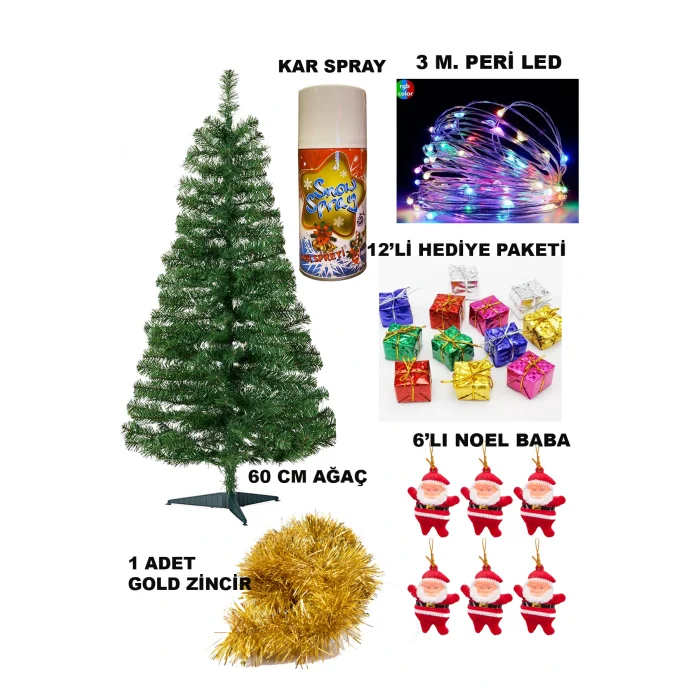 Genel Ürün 60 cm Yılbaşı Çam Ağaç Seti ve Yılbaşı Süsleri Paketi , Yılbaşı Işığı, Kar Spreyi