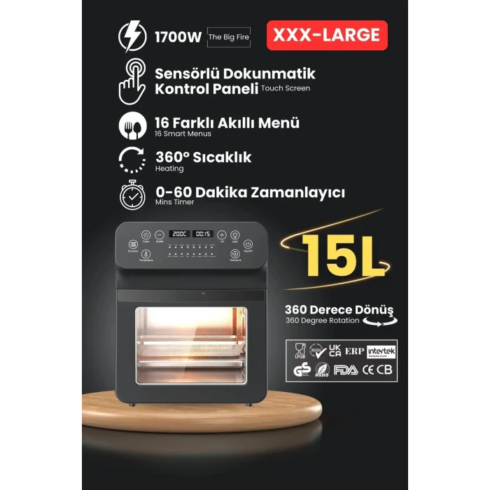 Genel Ürün MaxFry 15L Akıllı Yağsız Fritöz Kızartma, Fırınlama, Kurutucu Bir Arada, Programlanabilir Airfryer