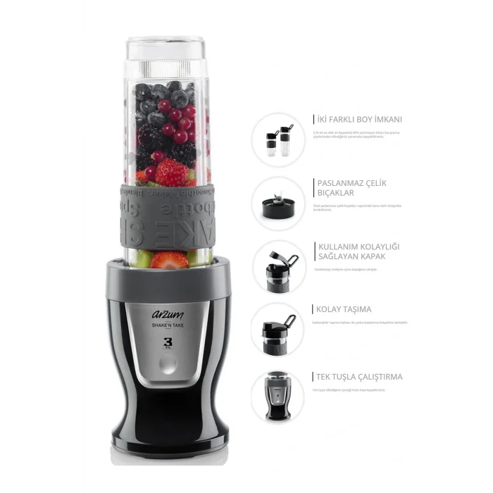 Genel Ürün AR1032 Shaken Take Kişisel Smoothie Blender, Siyah (300 W, 2 Adet Şişe)