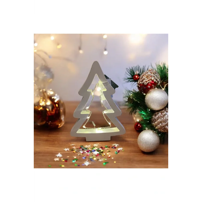 Biblo Beyaz ahşap led ışıklı çam ağacı dekor süsü. Yılbaşı süsü biblo ağaç 20 vm