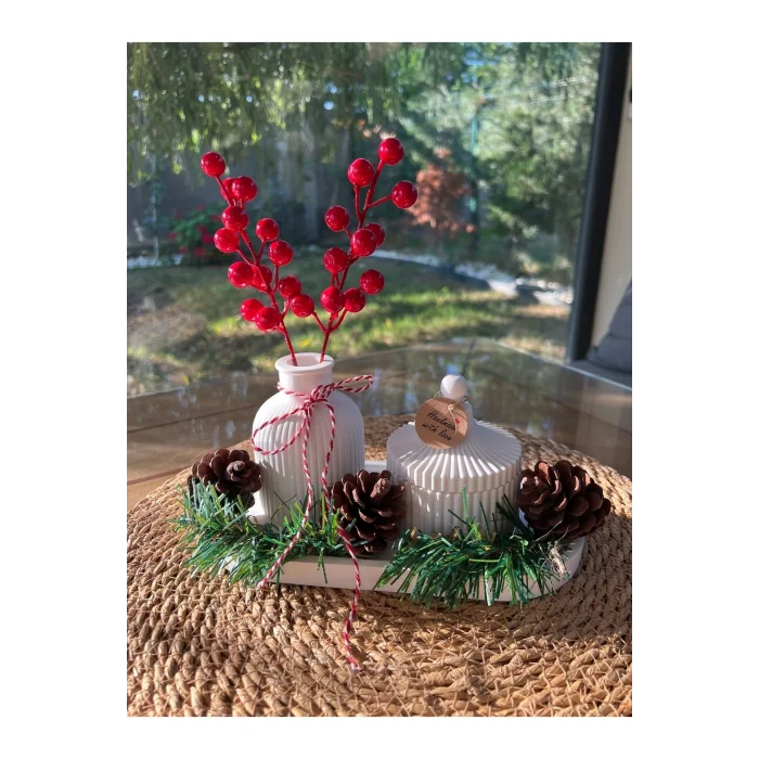 Genel Ürün Kış Temalı Dekoratif El Yapımı Hediye Seti 3 Parça,mumluk,vazo Ve Tepsi ,kozalak Ve Çam, Ev Hediyesi