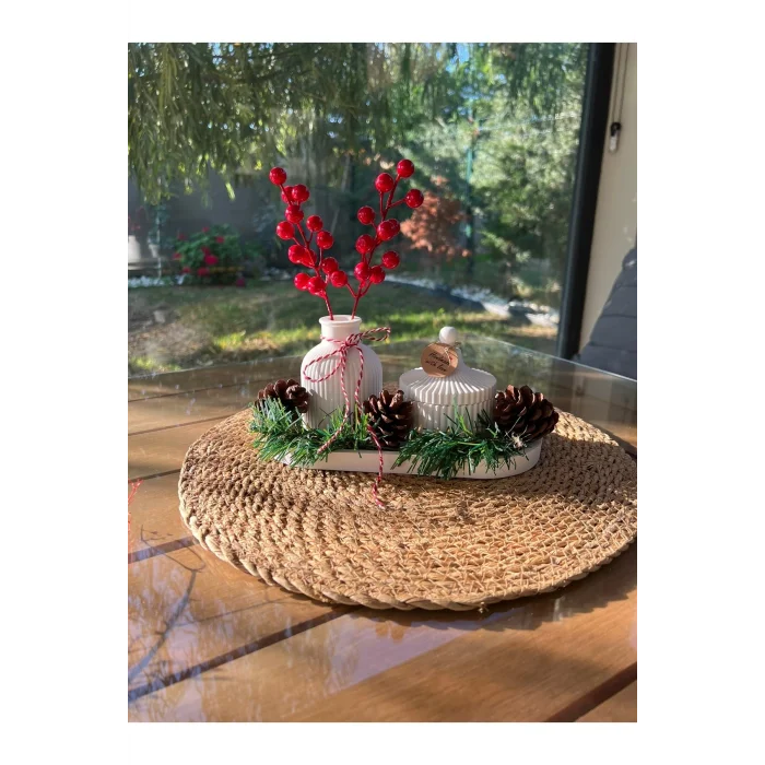 Genel Ürün Kış Temalı Dekoratif El Yapımı Hediye Seti 3 Parça,mumluk,vazo Ve Tepsi ,kozalak Ve Çam, Ev Hediyesi