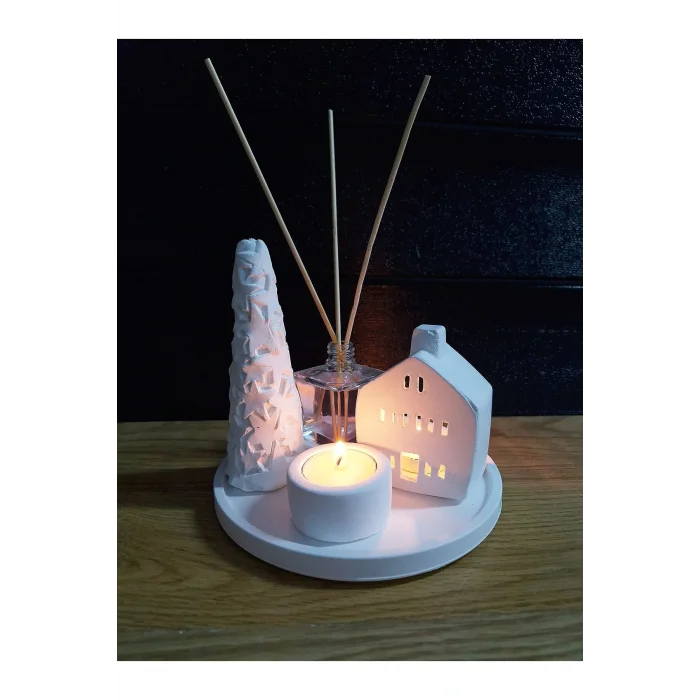 Genel Ürün Dekoratif 5li Mumluk Set Ev Ağaç Oda Kokusu Mumluk Yuvarlak Sunum Tabağı- Yeni Yıl Seti