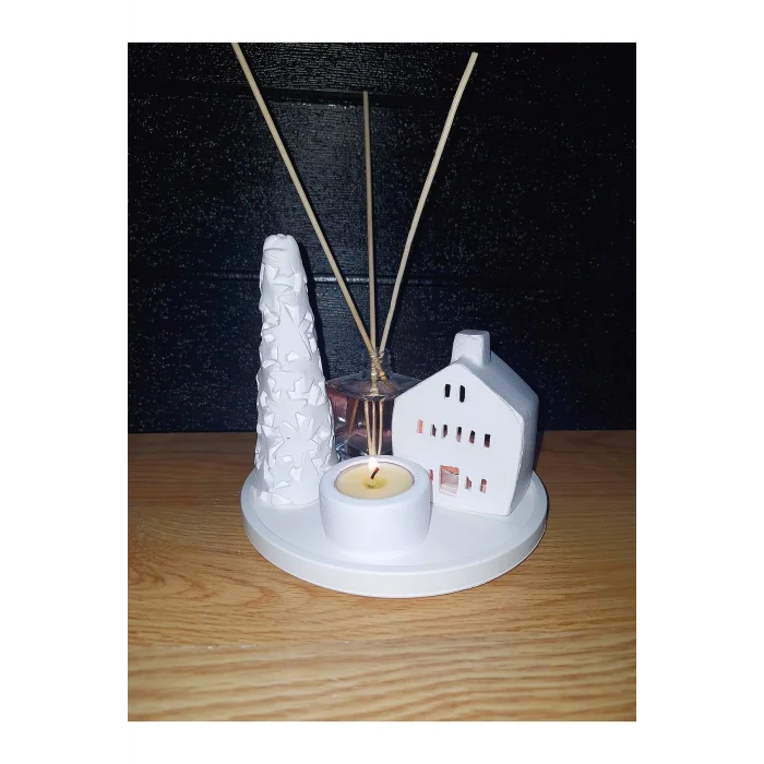 Genel Ürün Dekoratif 5li Mumluk Set Ev Ağaç Oda Kokusu Mumluk Yuvarlak Sunum Tabağı- Yeni Yıl Seti