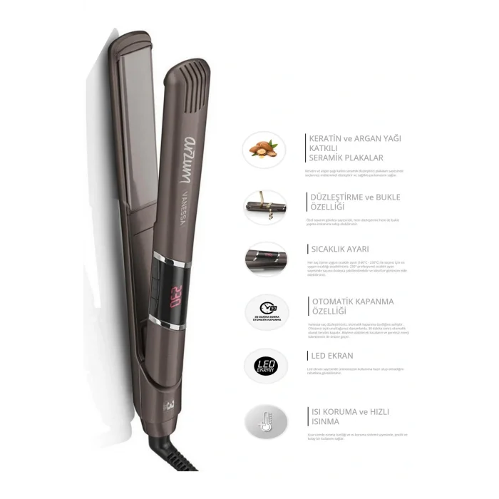Genel Ürün Vanessa Saç Düzleştirici Keratin ve Argan Yağı Katkılı Seramik Plaka Vizon - AR5021