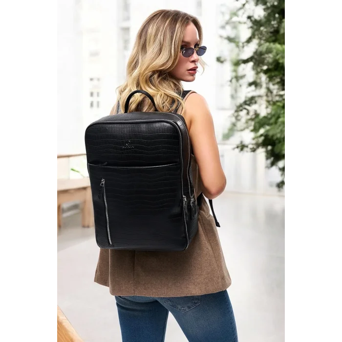 Genel Ürün Organizer Premium Deri 16 inç Kroko Siyah Sırt Laptop Çantası