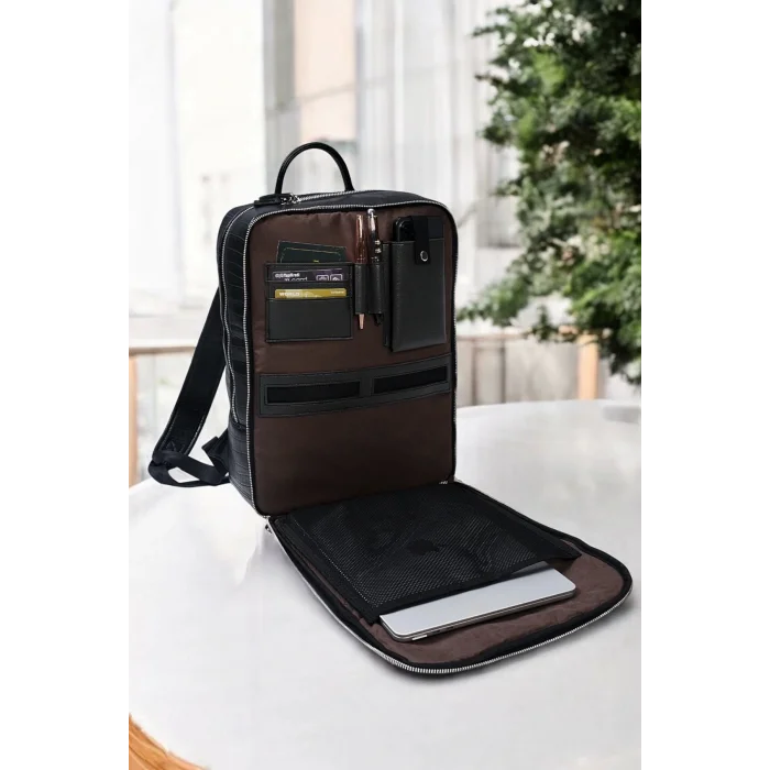 Genel Ürün Organizer Premium Deri 16 inç Kroko Siyah Sırt Laptop Çantası