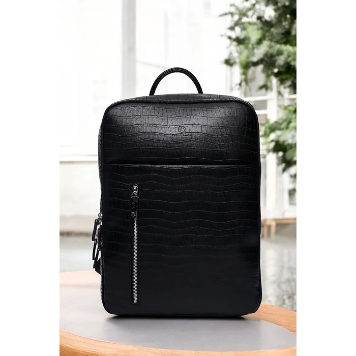 Genel Ürün Organizer Premium Deri 16 inç Kroko Siyah Sırt Laptop Çantası