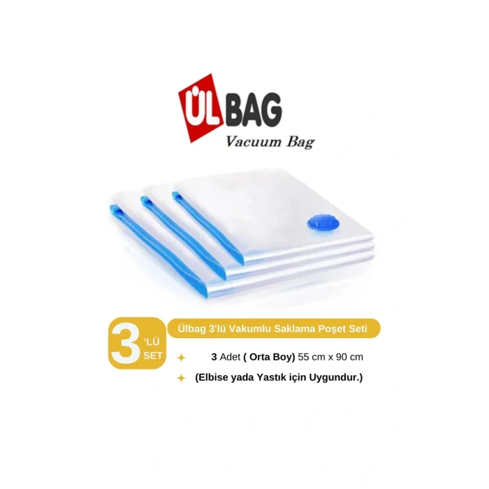 Genel Ürün (3 ADET) Vakumlu Poşet Seti 55 Cm X 90 Cm (ORTA BOY) Yastık, Elbise Vakumlu Hurç