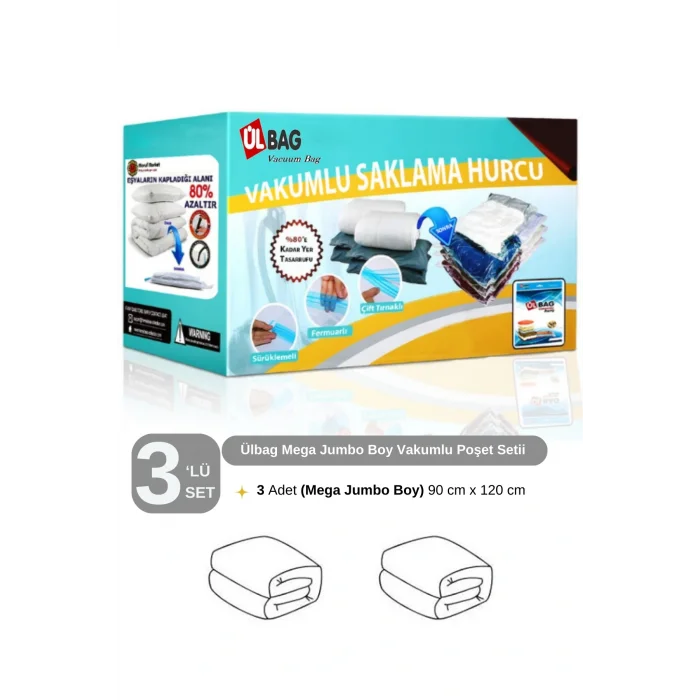 Genel Ürün (3 ADET) Vakumlu Poşet Seti 90 Cm X 120 Cm (MEGA JUMBO BOY) Çift Kişilik Yorgan Vakumlu Hurç