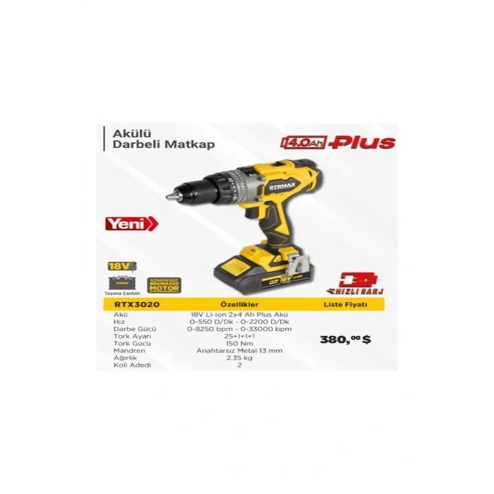 Genel Ürün RTX3020 Akülü 150 NM 2 x 4 AH Plus Akü Darbeli Matkap