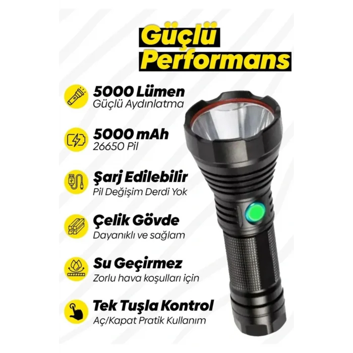 Genel Ürün Hs-044 Çelik 5000 Lümen 26650 Pil 5000 Mah Uzun Menzilli Şarjlı Kamp Için Süper Güçlü El Feneri