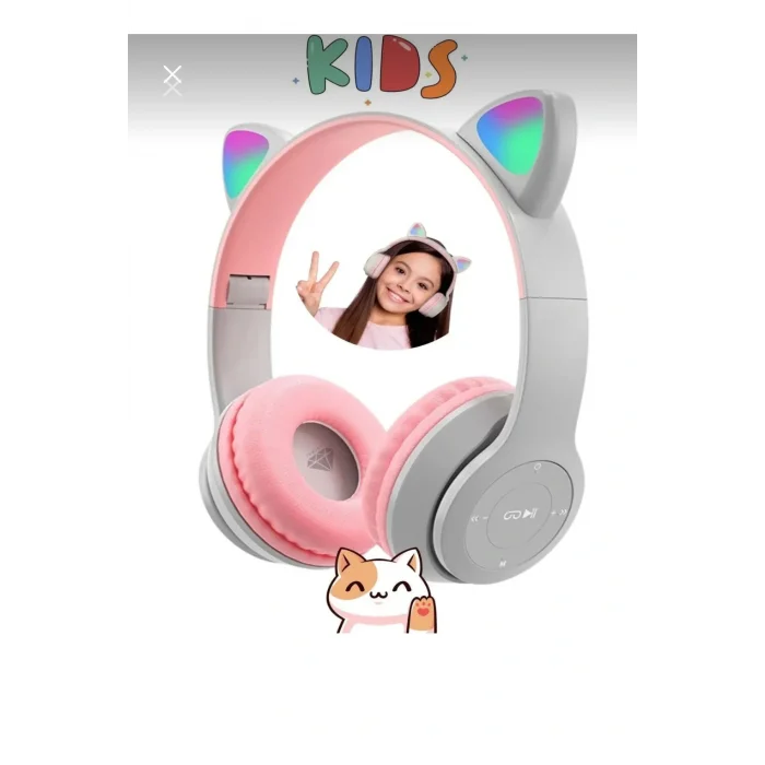 Genel Ürün Gri Renk Vilya Kedi Kulağı Detaylı Uyumlu Bluetooth Kablosuz Kulaklık Çocuk Oyuncu Aux Kablo