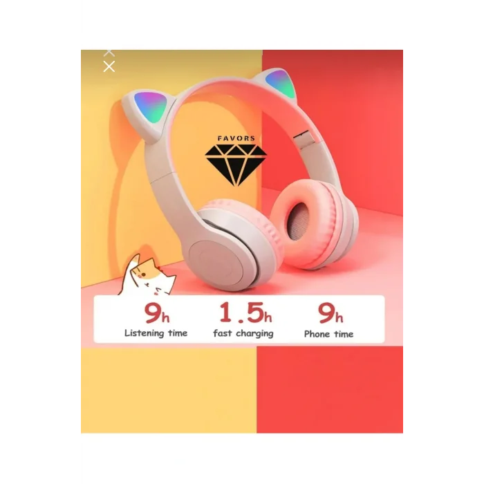 Genel Ürün Gri Renk Vilya Kedi Kulağı Detaylı Uyumlu Bluetooth Kablosuz Kulaklık Çocuk Oyuncu Aux Kablo