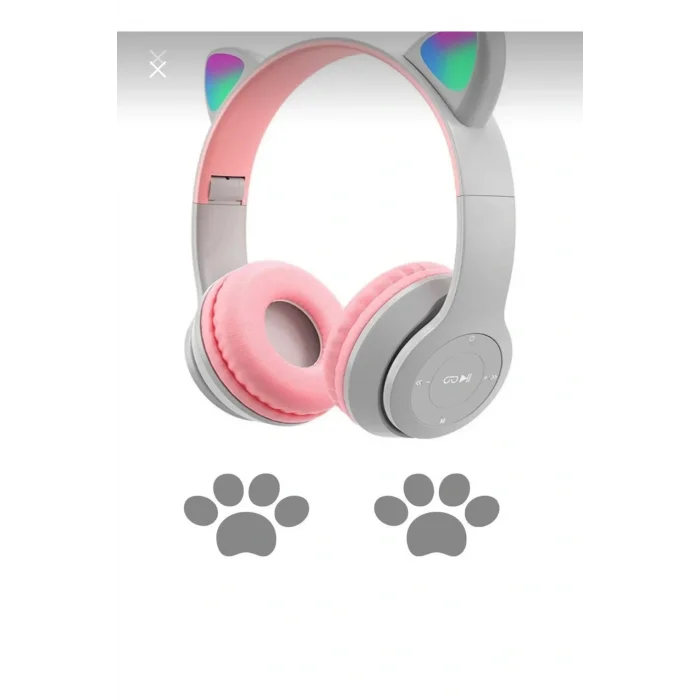 Genel Ürün Gri Renk Vilya Kedi Kulağı Detaylı Uyumlu Bluetooth Kablosuz Kulaklık Çocuk Oyuncu Aux Kablo