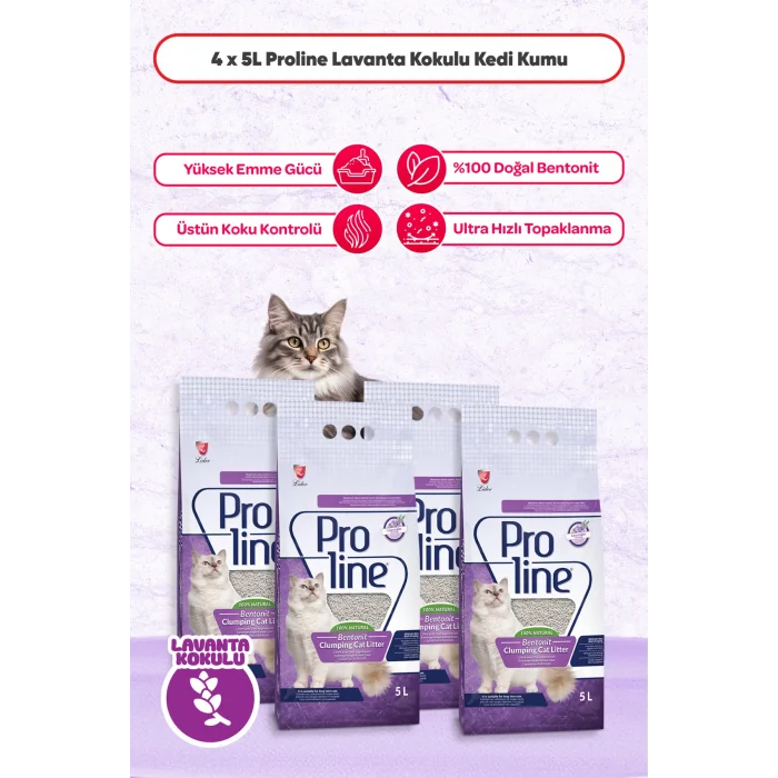 Genel Ürün Proline Lavanta Kokulu Bentonit Kedi Kumu 5 Lt. x 4 Adet