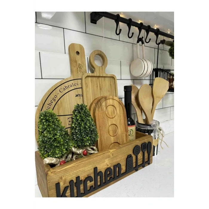 Genel Ürün , Şık Ahşap Mutfak Düzenleyici Kutu 35x12, Klasik ve Bej Tasarım