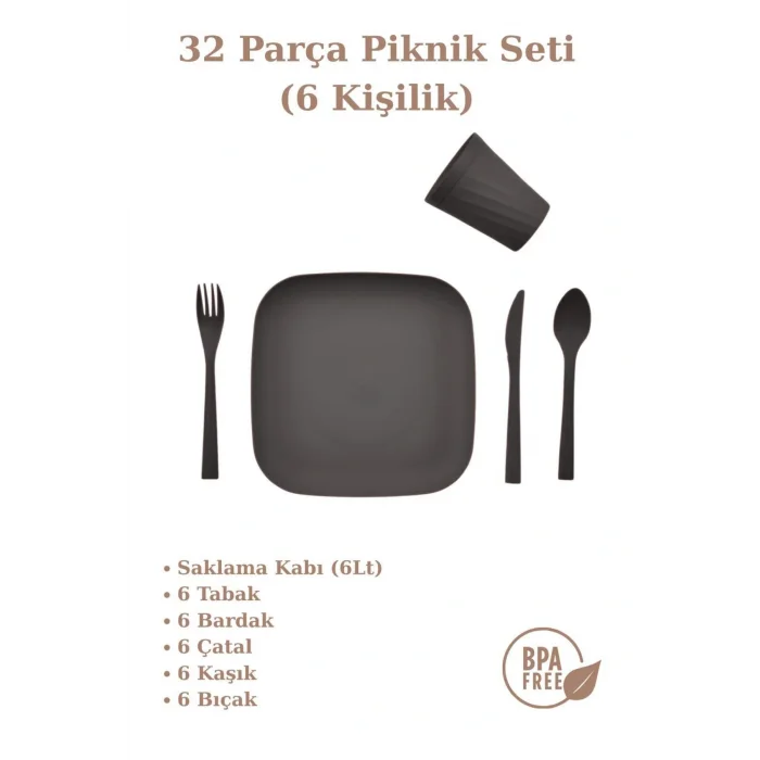 Genel Ürün Piknik Seti 32 Parça 6 Kişilik Bardak Çatal Kaşık Tabak 1500 Mürdüm Ve Antri