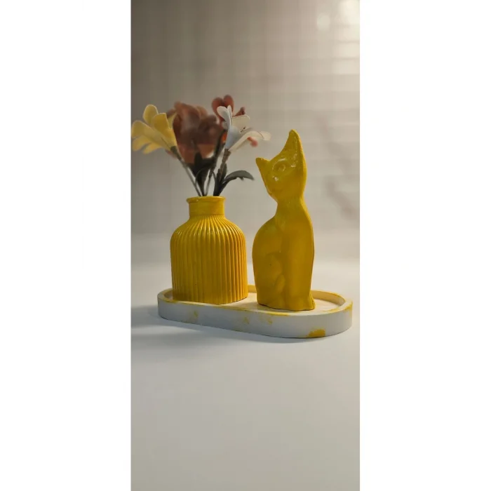 Oyuncak Laurel-wood 3 Parça Oval Tabaklı,Minyatür Vazo,Kedi Figür Seti(VERNİKLİ)