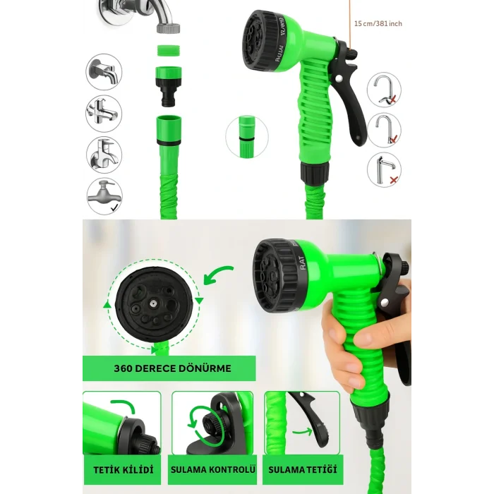 Genel Ürün Uzayan Balkon Bahçe Araba Yıkama Püskürtme Hortumu 7.5 M Rakorlu Musluklara Uygun