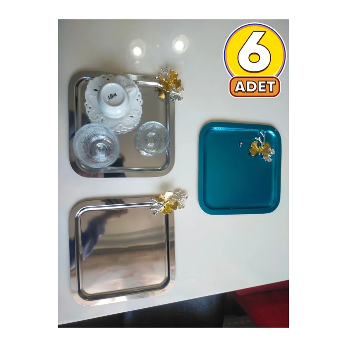 Genel Ürün 6 Lı Paslanmaz Çelik Kare Model Hobistan 6 Lı Kahve Tepsisi Kelebek Aksesuarlı Lüx Sunum