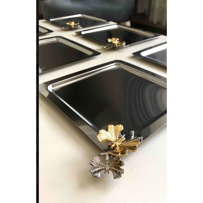 Genel Ürün 6 Lı Paslanmaz Çelik Kare Model Hobistan 6 Lı Kahve Tepsisi Kelebek Aksesuarlı Lüx Sunum