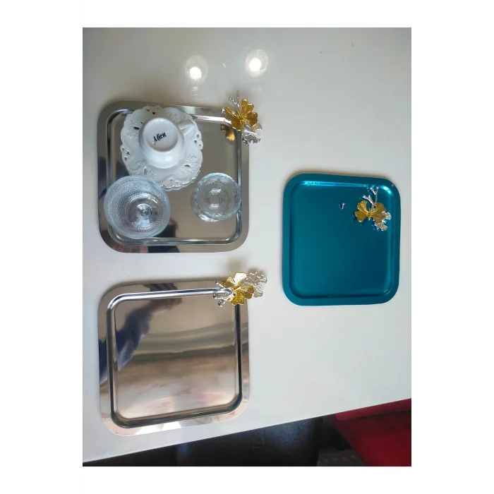 Genel Ürün 6 Lı Paslanmaz Çelik Kare Model Hobistan 6 Lı Kahve Tepsisi Kelebek Aksesuarlı Lüx Sunum