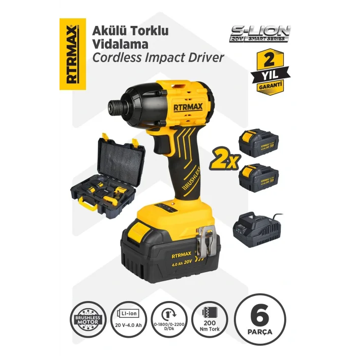 Genel Ürün Rts5020 Şarjlı Torklu Vidalama Makinası Kömürsüz 200 Nm 2x4 Ah 20v Çift Akü S-lion - Akü Dahil
