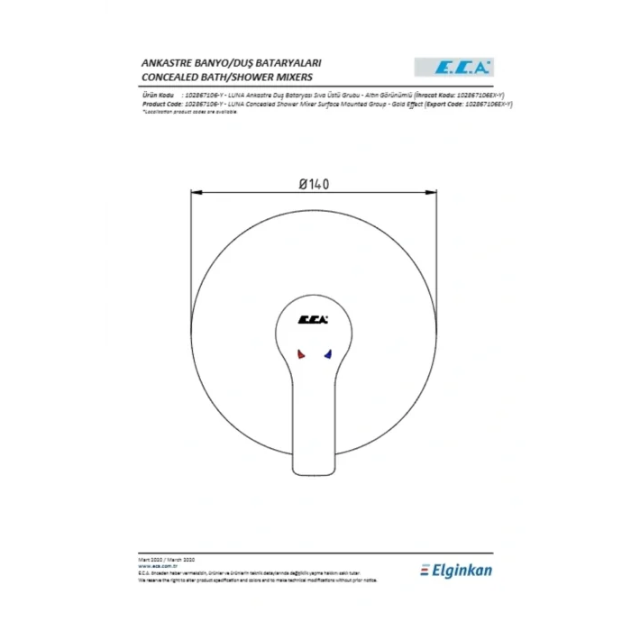 Genel Ürün Luna Ankastre Duş Batarya Sıva Üstü Altın Görünümlü