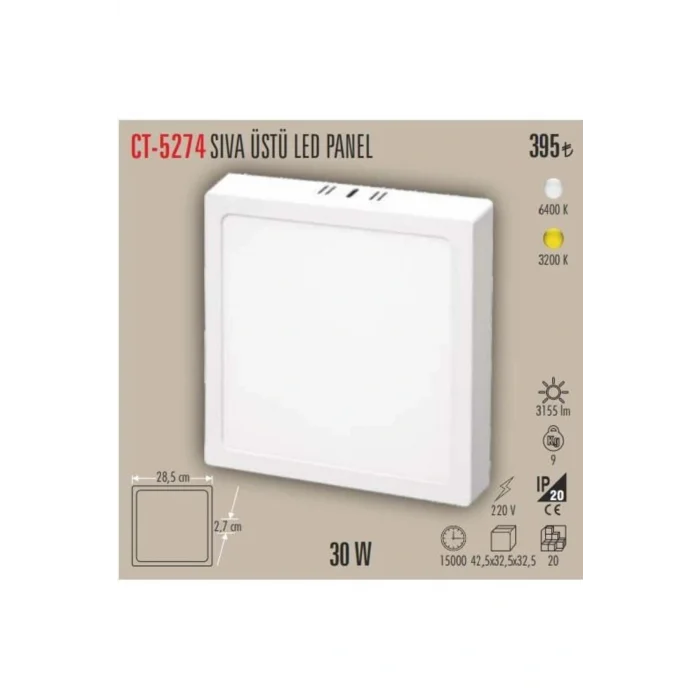 Genel Ürün CT-5274 30W Sıva Üstü KARE LED Panel – 6500K Beyaz Işık