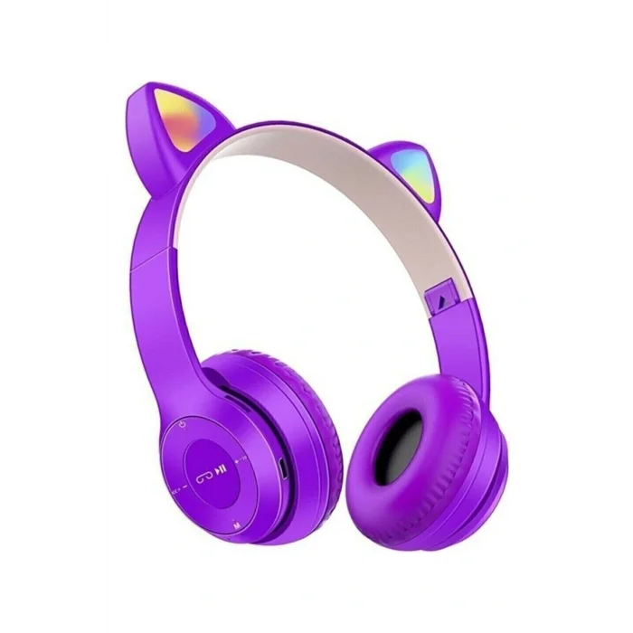 Genel Ürün Mor Renk Kedi Kulağı Detaylı Uyumlu Bluetooth Kablosuz Kulaklık Çocuk Oyuncu